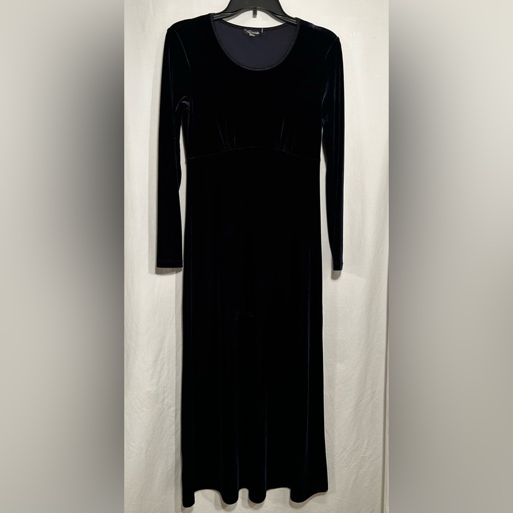 WOMENS SMALL LONG SLEEVE PULLOVER BLUE BLACK VELVET STRETCH MAXI DRESS